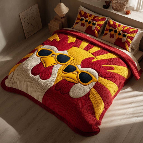 Boss Hen quilted 3-piece bedding set on a made bed with two matching pillow shams
