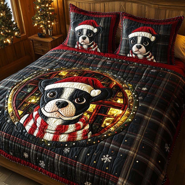 Boston Terrier Spark quilted 3-piece bedding set on a made bed with two matching pillow shams