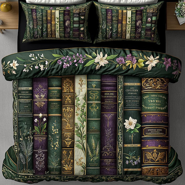 Botanic Chapters quilted 3-piece bedding set on a made bed with two matching pillow shams