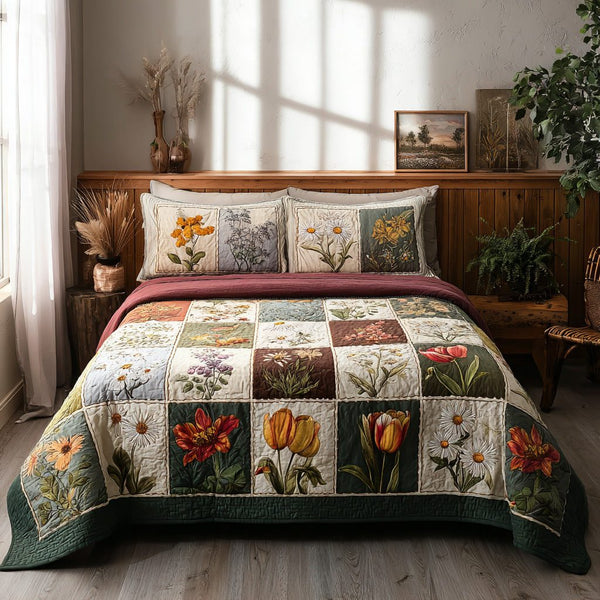 Botanical Blend quilted 3-piece bedding set on a made bed with two matching pillow shams