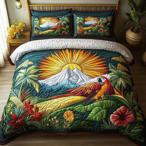 Botanical Bliss quilted 3-piece bedding set on a made bed with two matching pillow shams