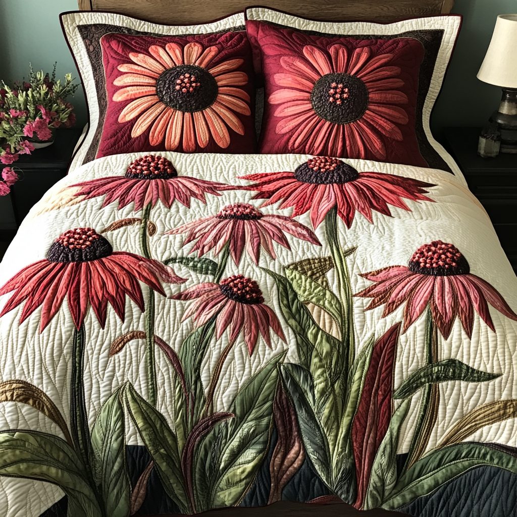 Botanical Bliss quilted 3-piece bedding set on a made bed with two matching pillow shams