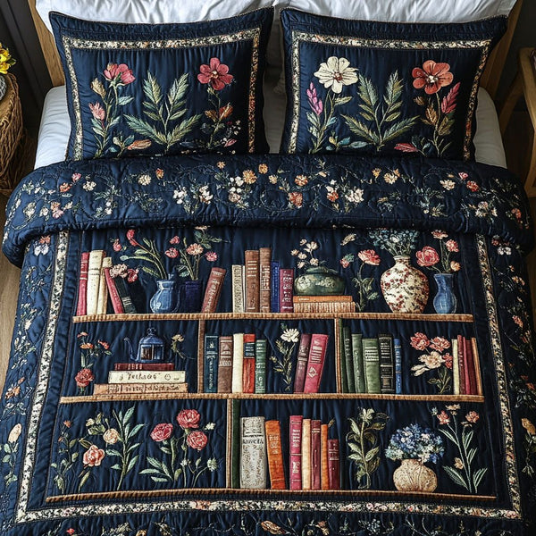 Botanical Books quilted 3-piece bedding set on a made bed with two matching pillow shams