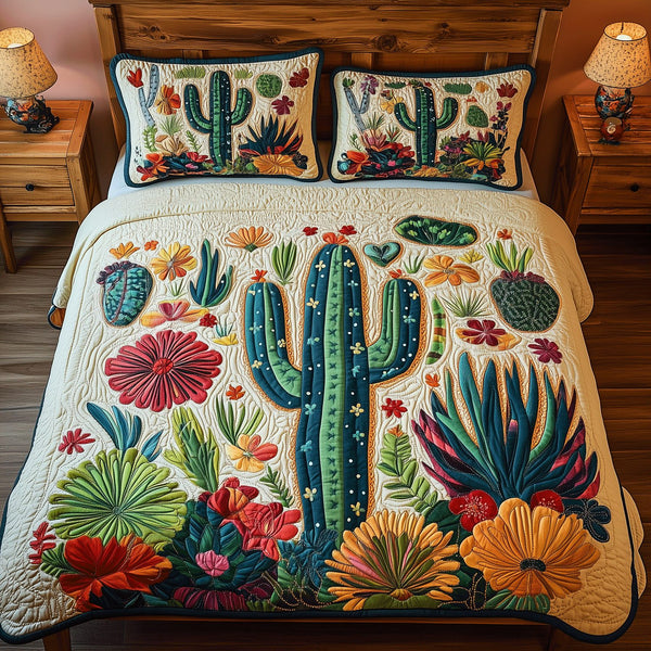 Botanical Cactus quilted 3-piece bedding set on a made bed with two matching pillow shams