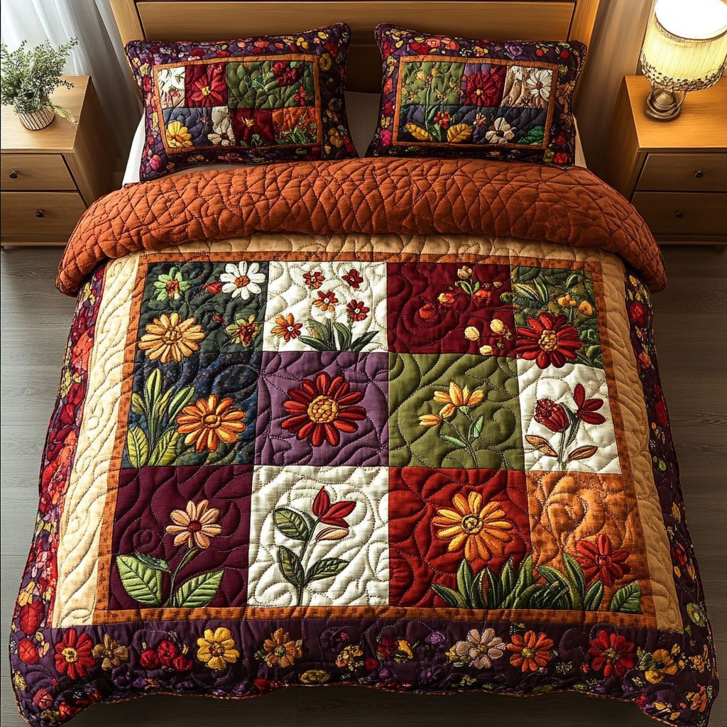 Botanical Charm quilted 3-piece bedding set on a made bed with two matching pillow shams