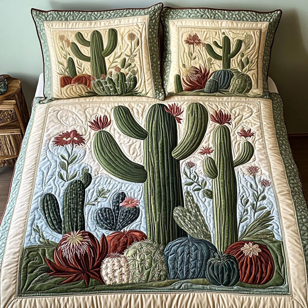Botanical Desert quilted 3-piece bedding set on a made bed with two matching pillow shams
