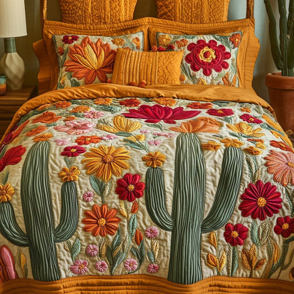 Botanical Desert quilted 3-piece bedding set on a made bed with two matching pillow shams