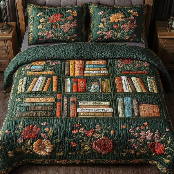 Botanical Library Dream quilted 3-piece bedding set on a made bed with two matching pillow shams
