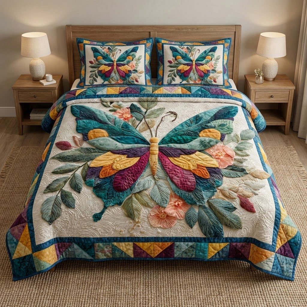 Botanical Muse quilted 3-piece bedding set on a made bed with two matching pillow shams
