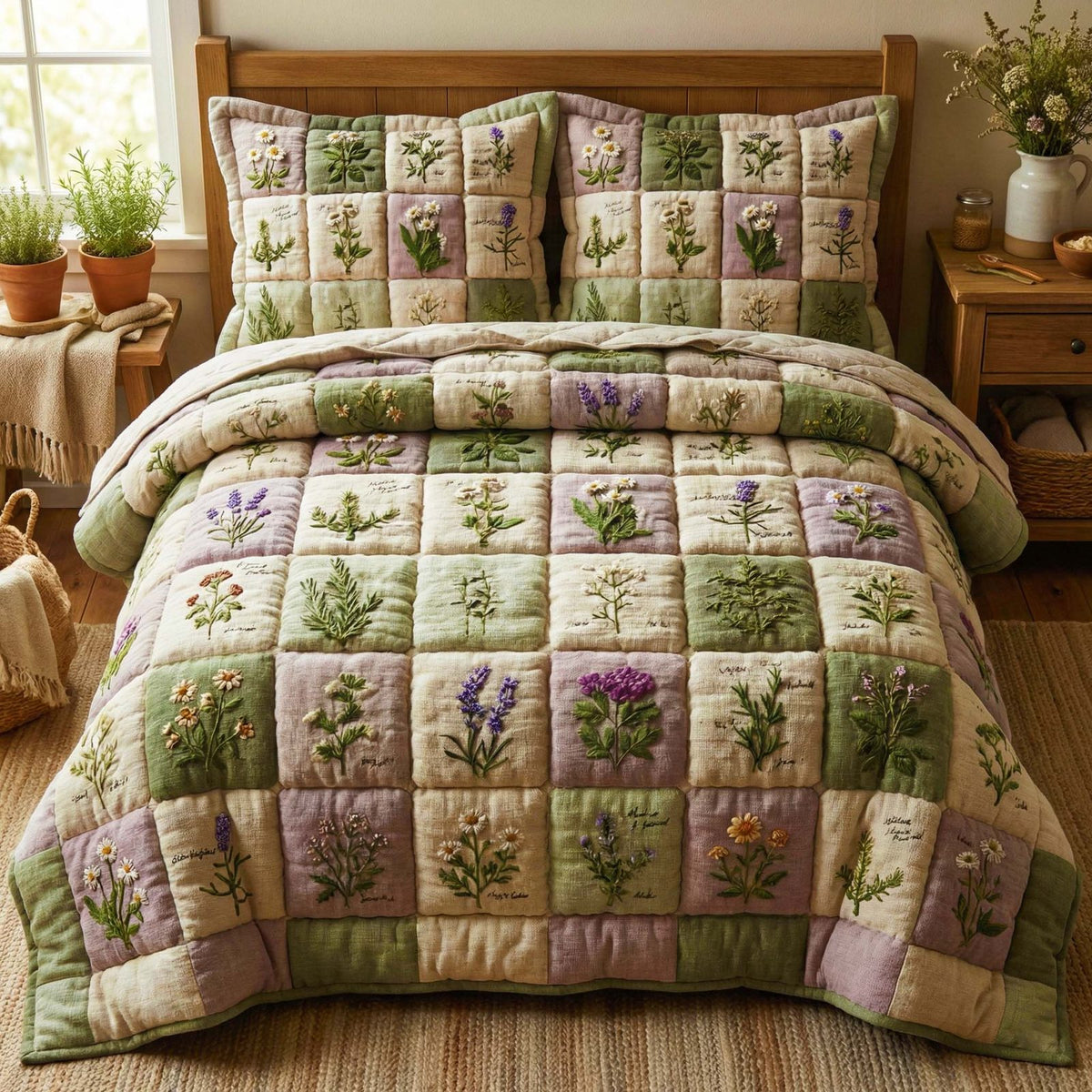 Botanical Patchwork quilted 3-piece bedding set on a made bed in a farmhouse bedroom