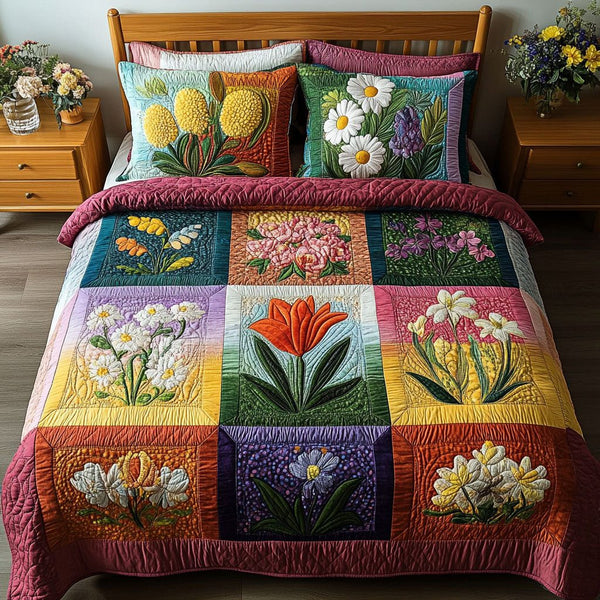 Botanical Serenity quilted 3-piece bedding set on a made bed with two matching pillow shams