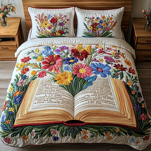 Botanical Tale quilted 3-piece bedding set on a made bed with two matching pillow shams