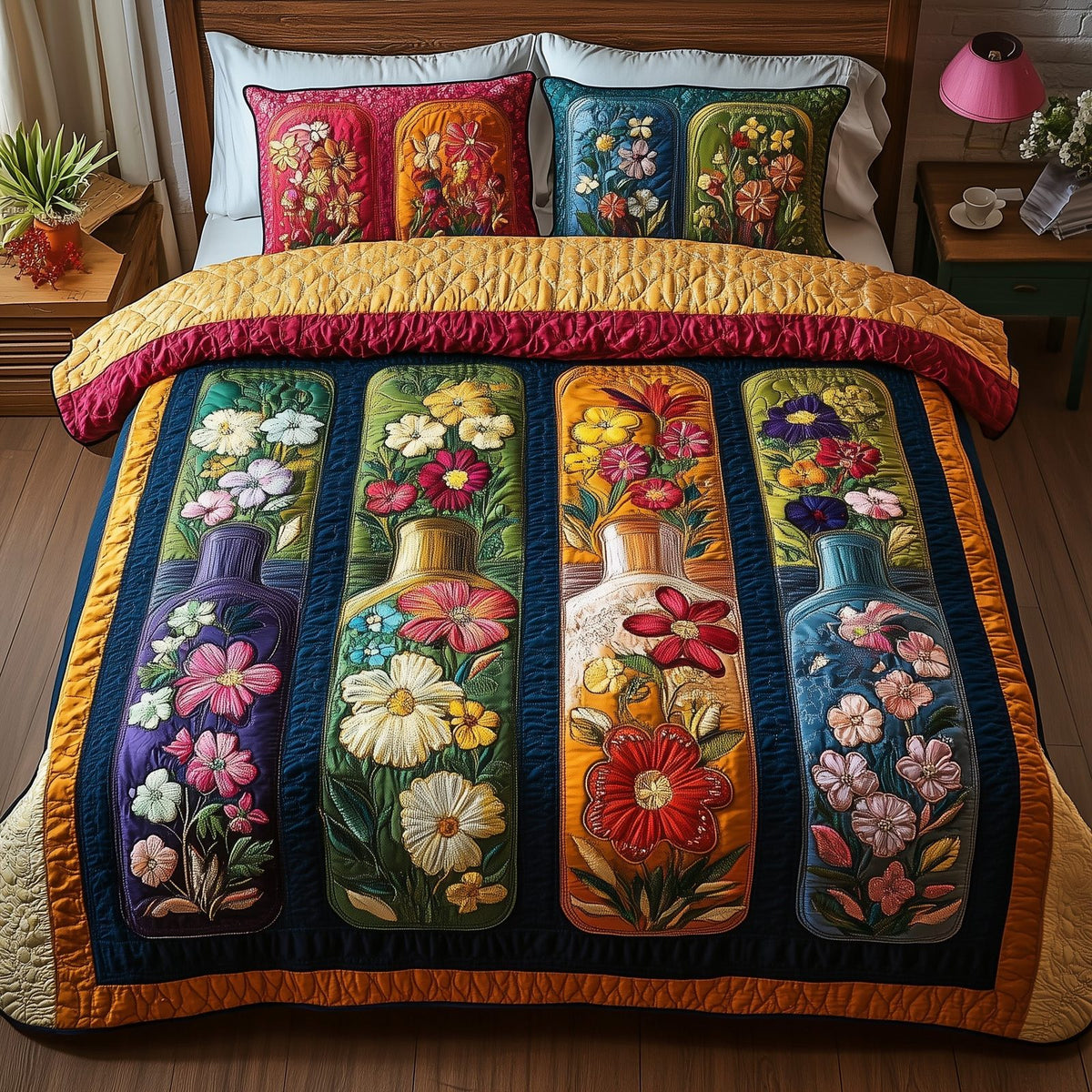 Bottle Of Blossom quilted 3-piece bedding set on a made bed with two matching pillow shams
