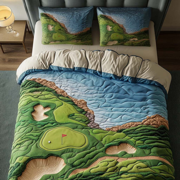 Boulder Ridge Golf Course quilted 3-piece bedding set on a made bed with two matching pillow shams