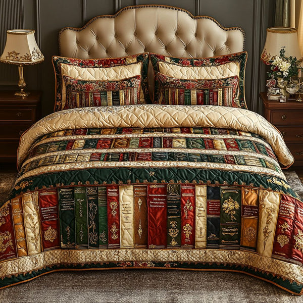 Bound Beauty quilted 3-piece bedding set on a made bed with two matching pillow shams