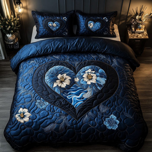 Bound by Love quilted 3-piece bedding set on a made bed with two matching pillow shams