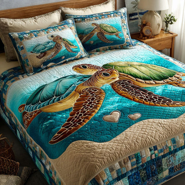 Bound By Love quilted 3-piece bedding set on a made bed with two matching pillow shams