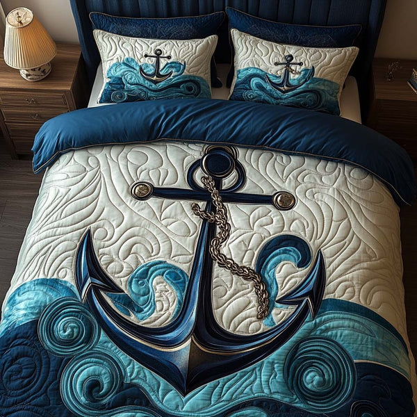 Bound By the Sea quilted 3-piece bedding set on a made bed in a light coastal bedroom