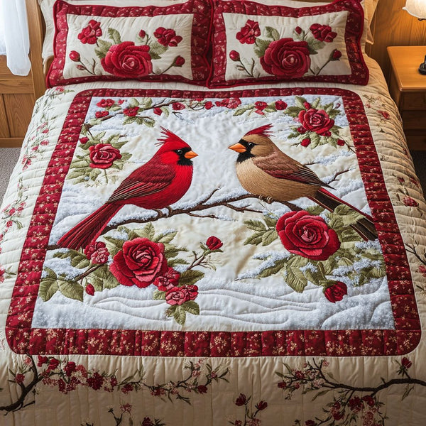 Bound by Wings quilted 3-piece bedding set on a made bed with two matching pillow shams
