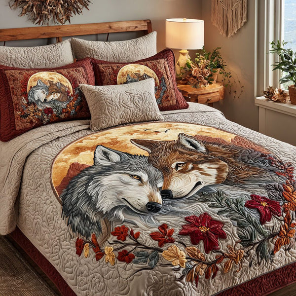 Bound Hearts quilted 3-piece bedding set on a made bed with two matching pillow shams