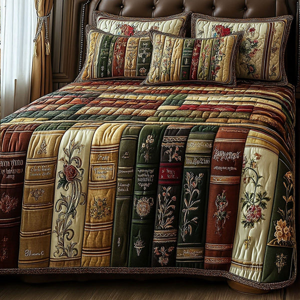 Bound in Beauty quilted 3-piece bedding set on a made bed with two matching pillow shams