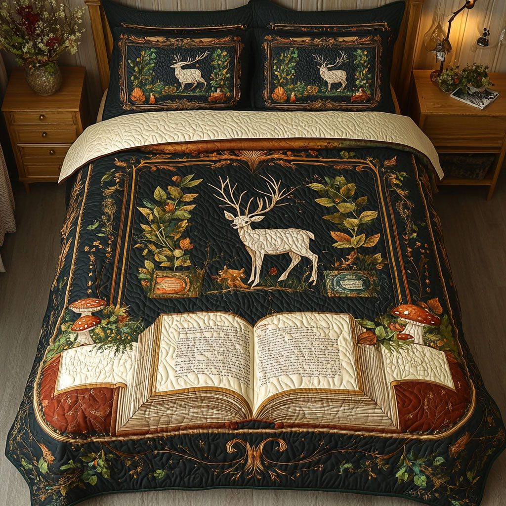 Bound in Tales quilted 3-piece bedding set on a made bed with two matching pillow shams