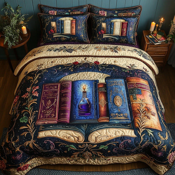 Bound Treasures quilted 3-piece bedding set on a made bed with two matching pillow shams