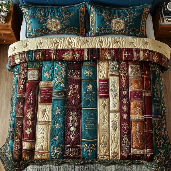 Boundless Stories quilted 3-piece bedding set on a made bed with two matching pillow shams