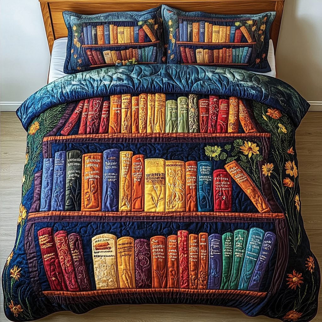 Boundless Tales quilted 3-piece bedding set on a made bed with two matching pillow shams