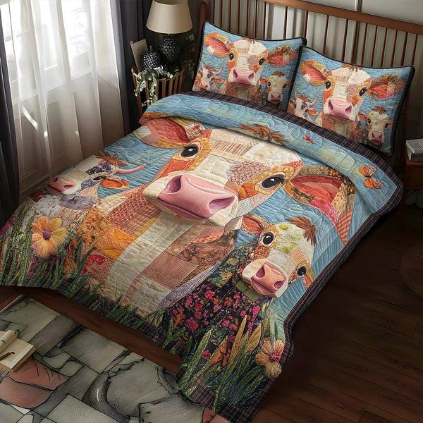 Bovine Beauties quilted 3-piece bedding set on a made bed with two matching pillow shams