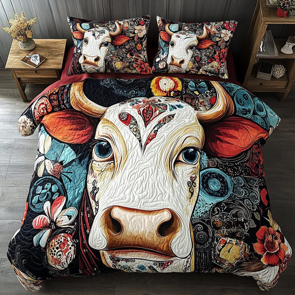 Bovine Bliss quilted 3-piece bedding set on a made bed with two matching pillow shams