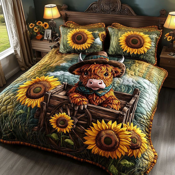 Bovine Delight quilted 3-piece bedding set on a made bed with two matching pillow shams