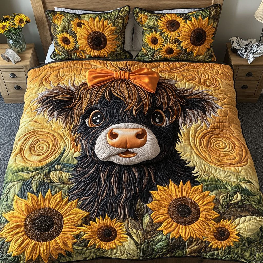 Bowtie Beauty quilted 3-piece bedding set on a made bed with two matching pillow shams