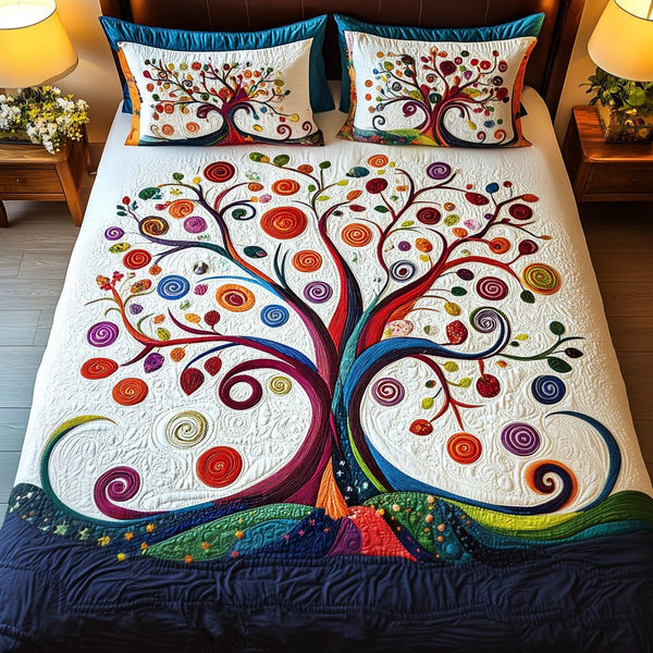 Branches of Harmony quilted 3-piece bedding set on a made bed in a rustic timber bedroom