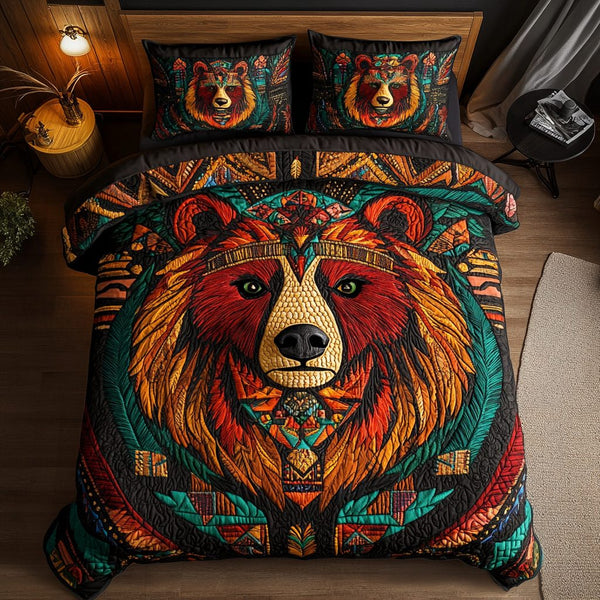 Brave Bear quilted 3-piece bedding set on a made bed with two matching pillow shams