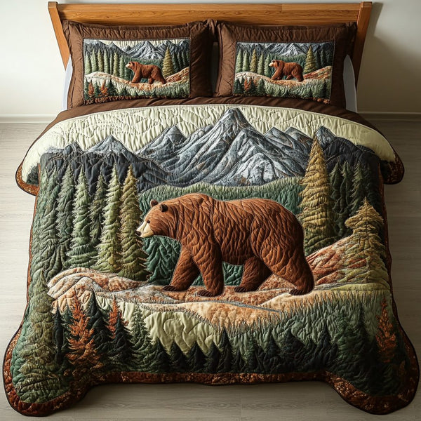 Brave Bear quilted 3-piece bedding set on a made bed with two matching pillow shams