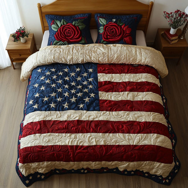 Brave Beauty quilted 3-piece bedding set on a made bed with two matching pillow shams