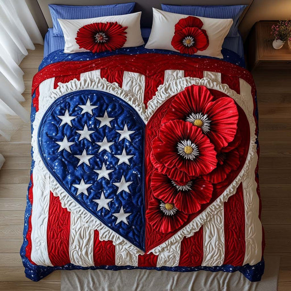 Brave Bloom quilted 3-piece bedding set on a made bed with two matching pillow shams