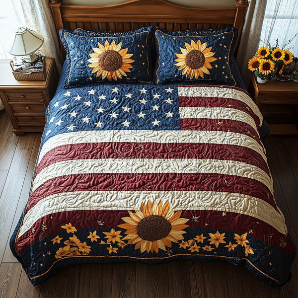 Brave Blossoms quilted 3-piece bedding set on a made bed with two matching pillow shams