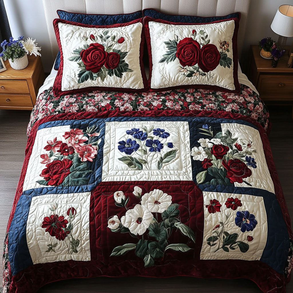 Brave Blossoms quilted 3-piece bedding set on a made bed with two matching pillow shams