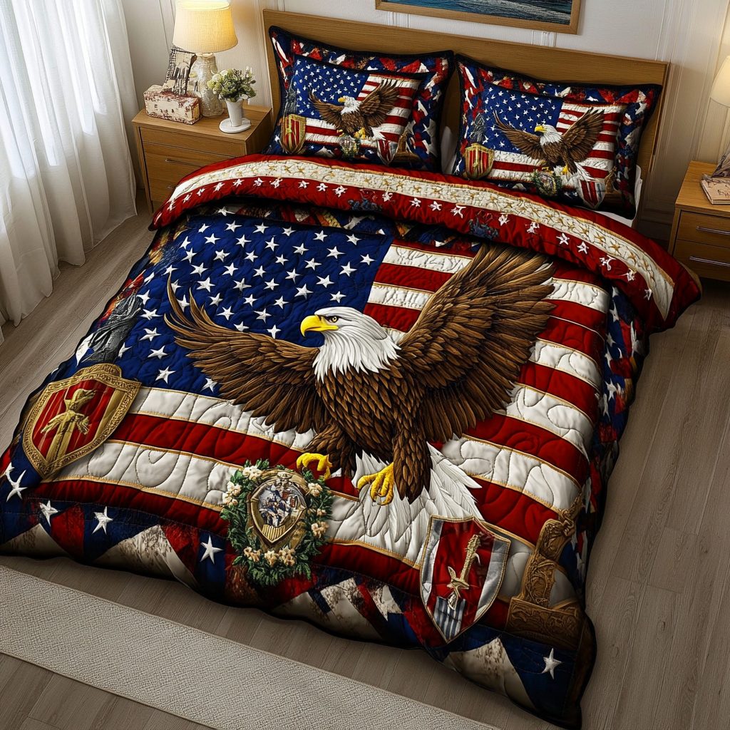 Brave Eagle quilted 3-piece bedding set on a made bed in a warmly lit bedroom