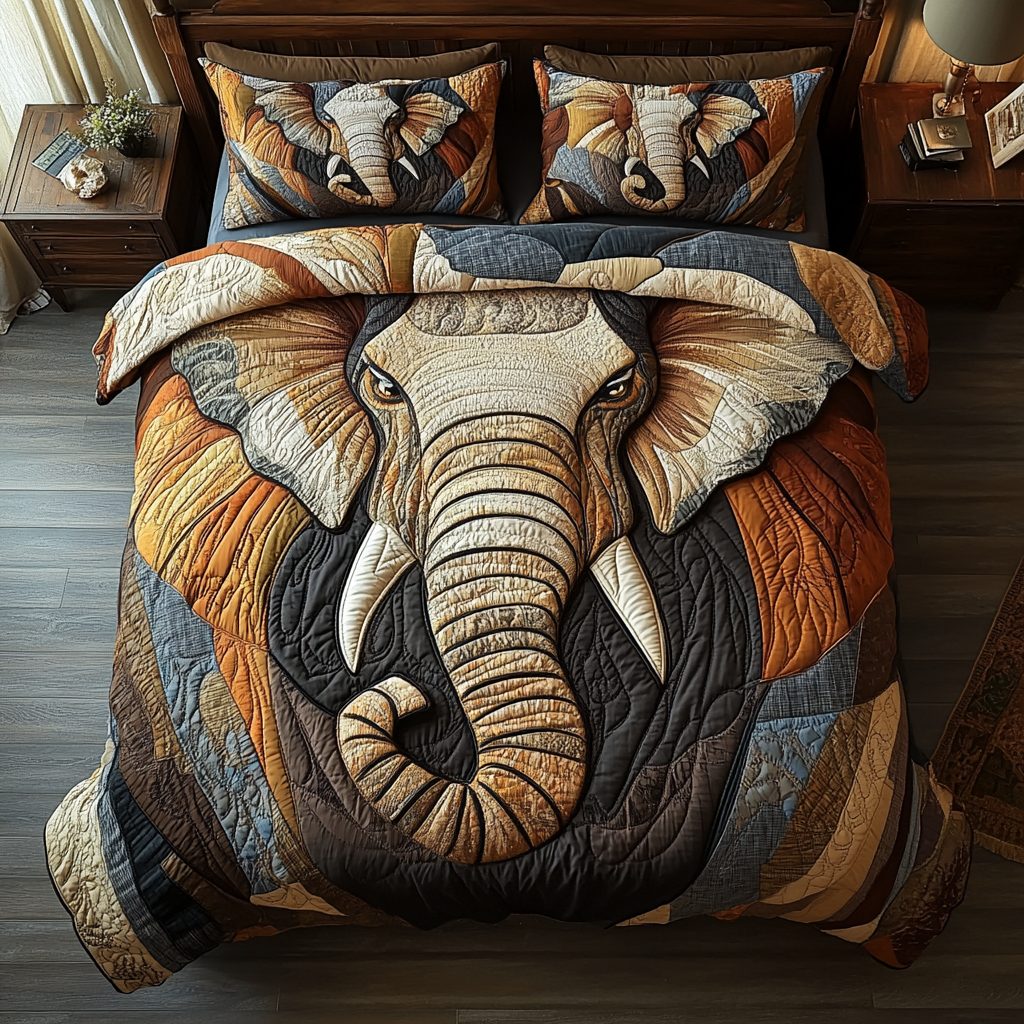 Brave Elephant quilted 3-piece bedding set on a made bed with two matching pillow shams