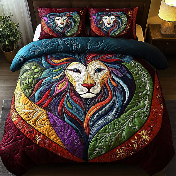 Brave Heart quilted 3-piece bedding set on a made bed with two matching pillow shams