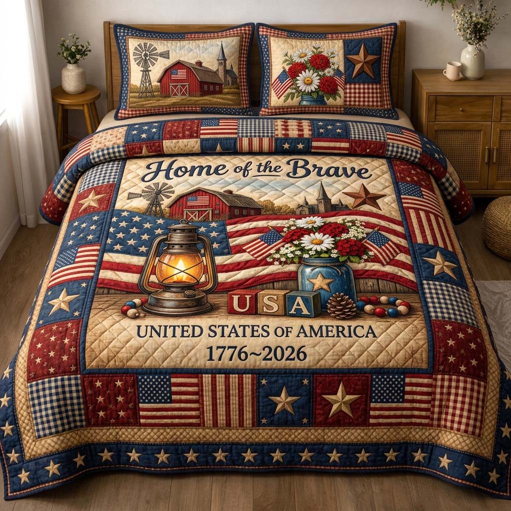 Brave Home quilted 3-piece bedding set on a made bed with two matching pillow shams