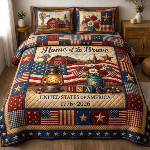 Brave Home quilted 3-piece bedding set on a made bed with two matching pillow shams