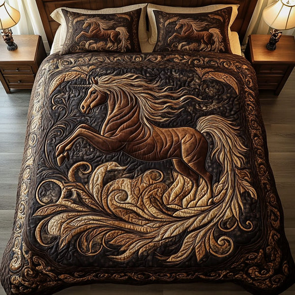 Brave Hooves quilted 3-piece bedding set on a made bed with two matching pillow shams