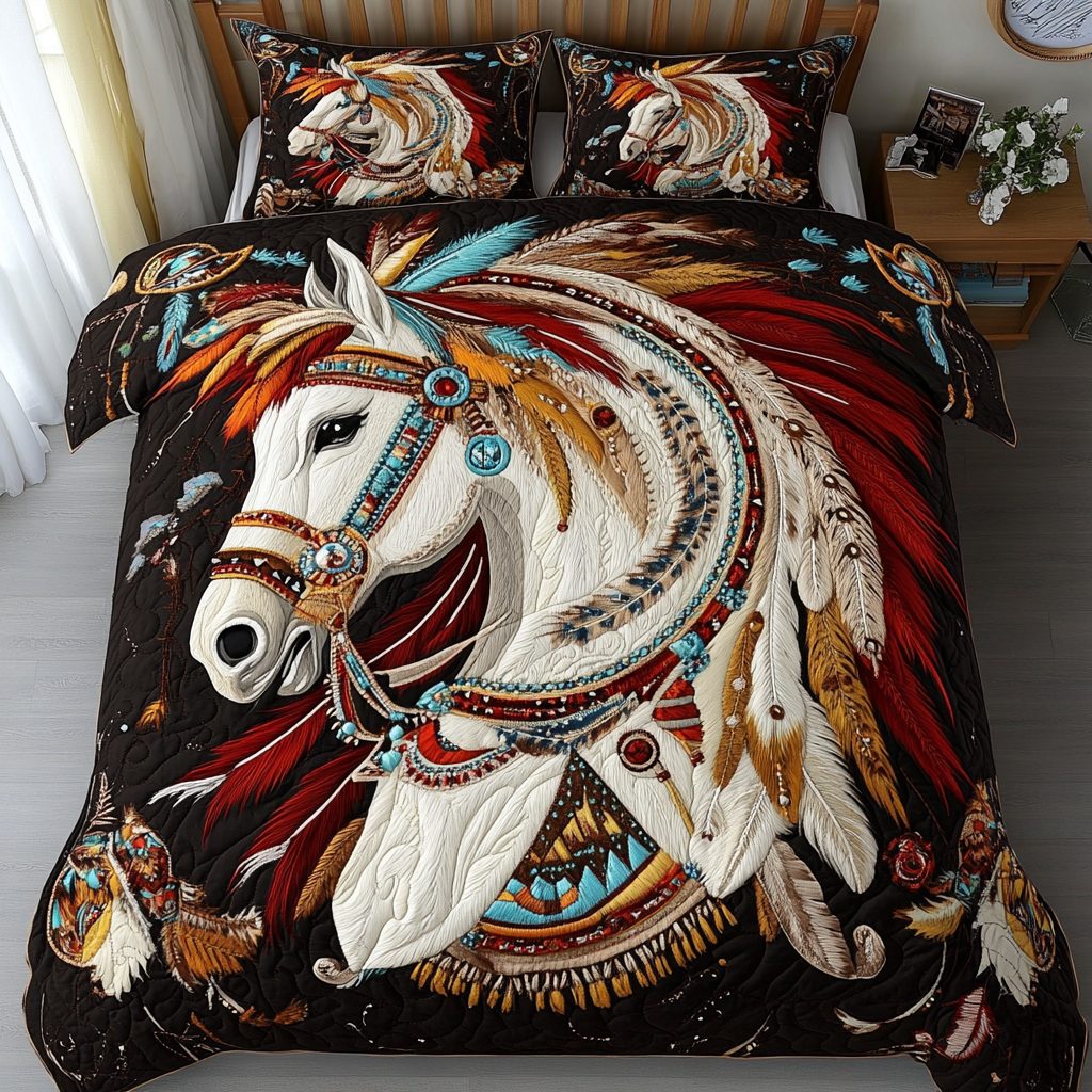 Brave Horse quilted 3-piece bedding set on a made bed in a rustic timber bedroom