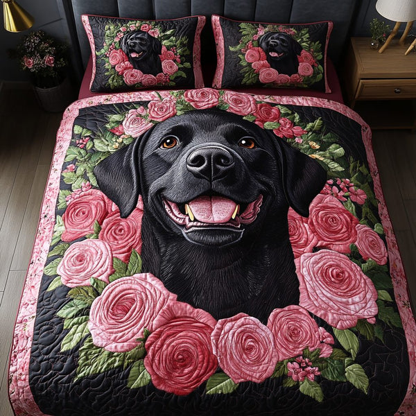 Brave Labrador quilted 3-piece bedding set on a made bed with two matching pillow shams
