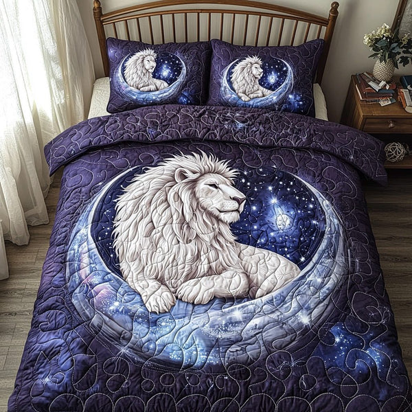 Brave Lion quilted 3-piece bedding set on a made bed with two matching pillow shams