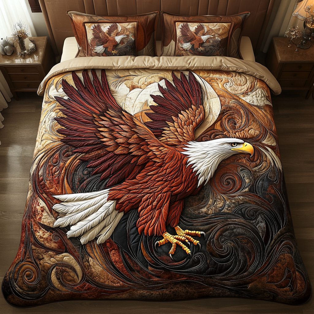 Brave Rise quilted 3-piece bedding set on a made bed with two matching pillow shams